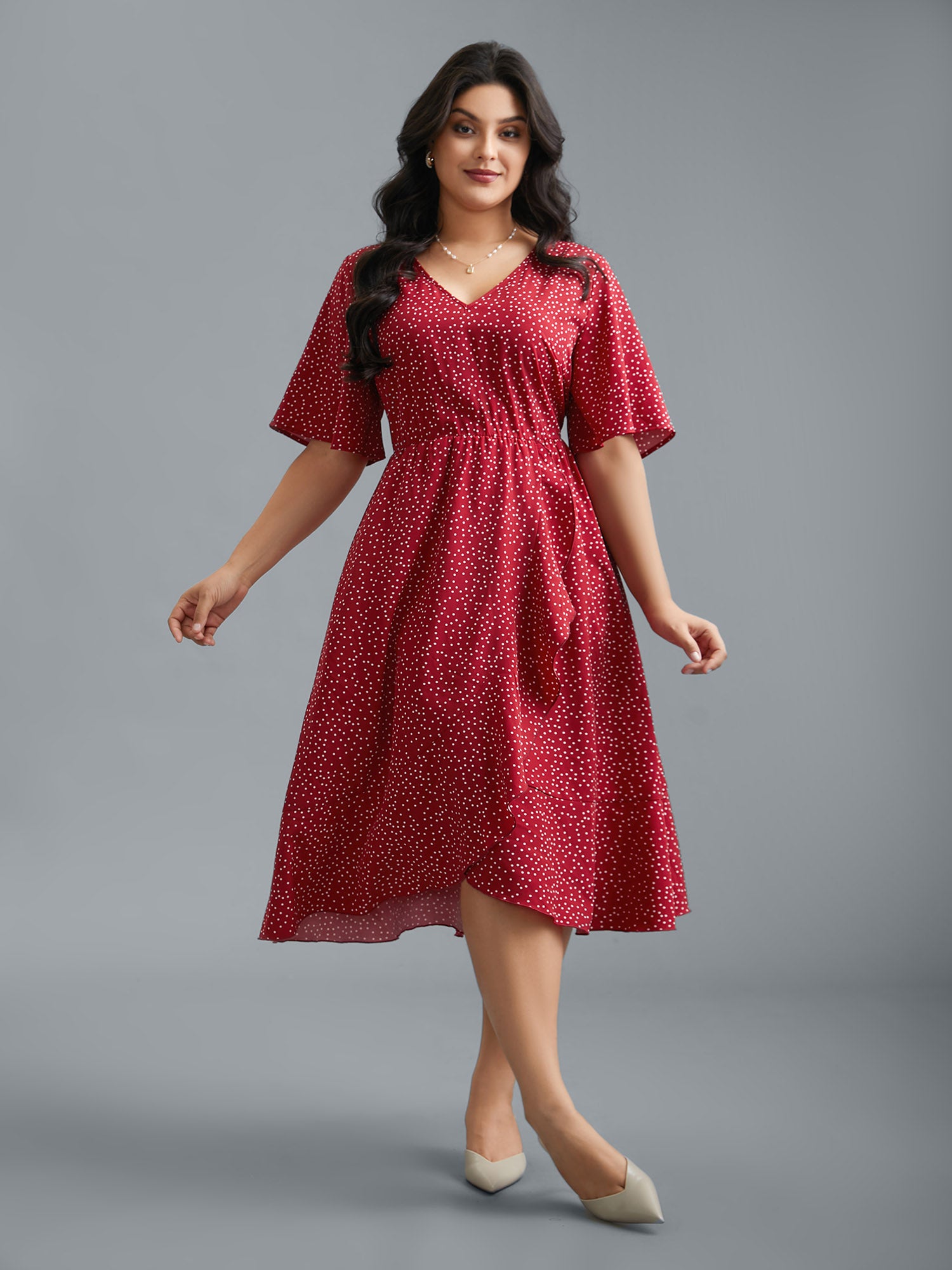 V Neck Polka Dot Ruffle Trim Dress