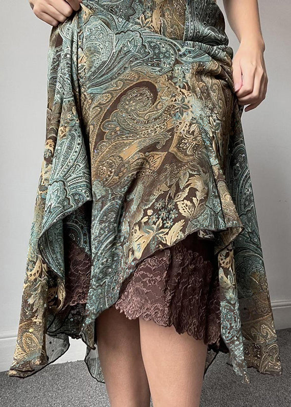 Vintage Green Print Lace Patchwork Skirts Summer