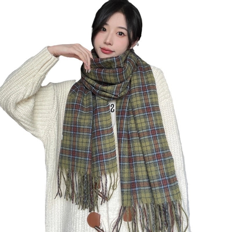 Autumn And Winter Vintage Forest Green Plaid Tassel Scarf Lengthened Warm Student Shawl Couple Scarf