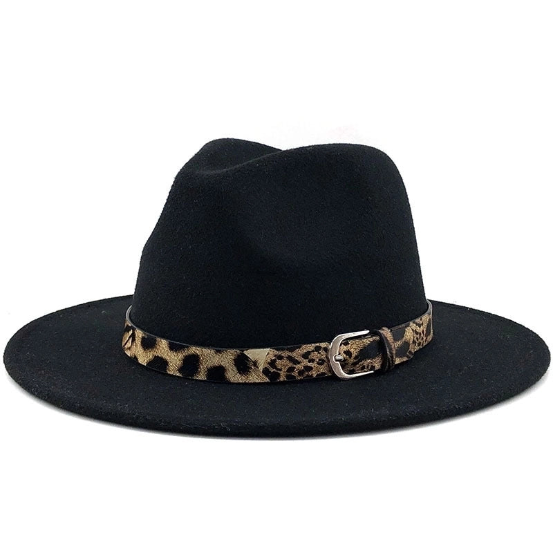 Fashion Leopard Belt Woolen Jazz Hat