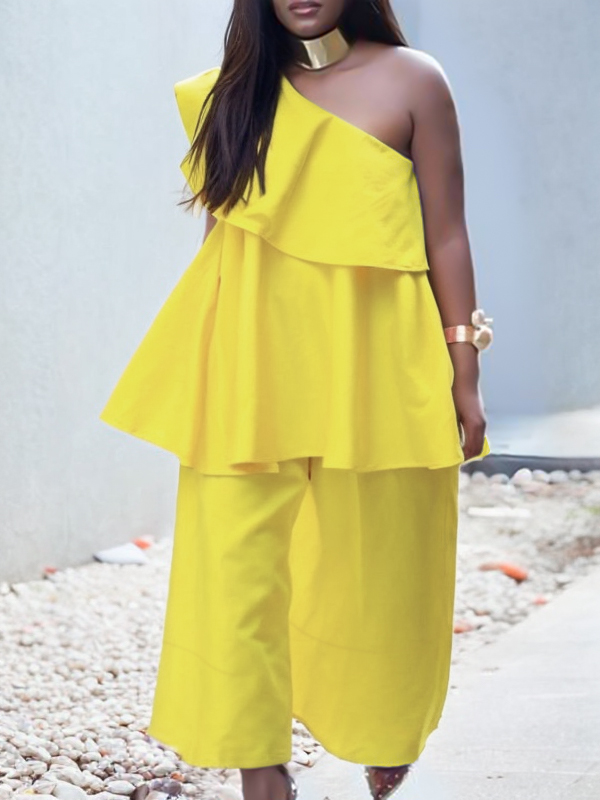 Loose Sleeveless Asymmetric Double Layered Solid Color One-shoulder Vest Top