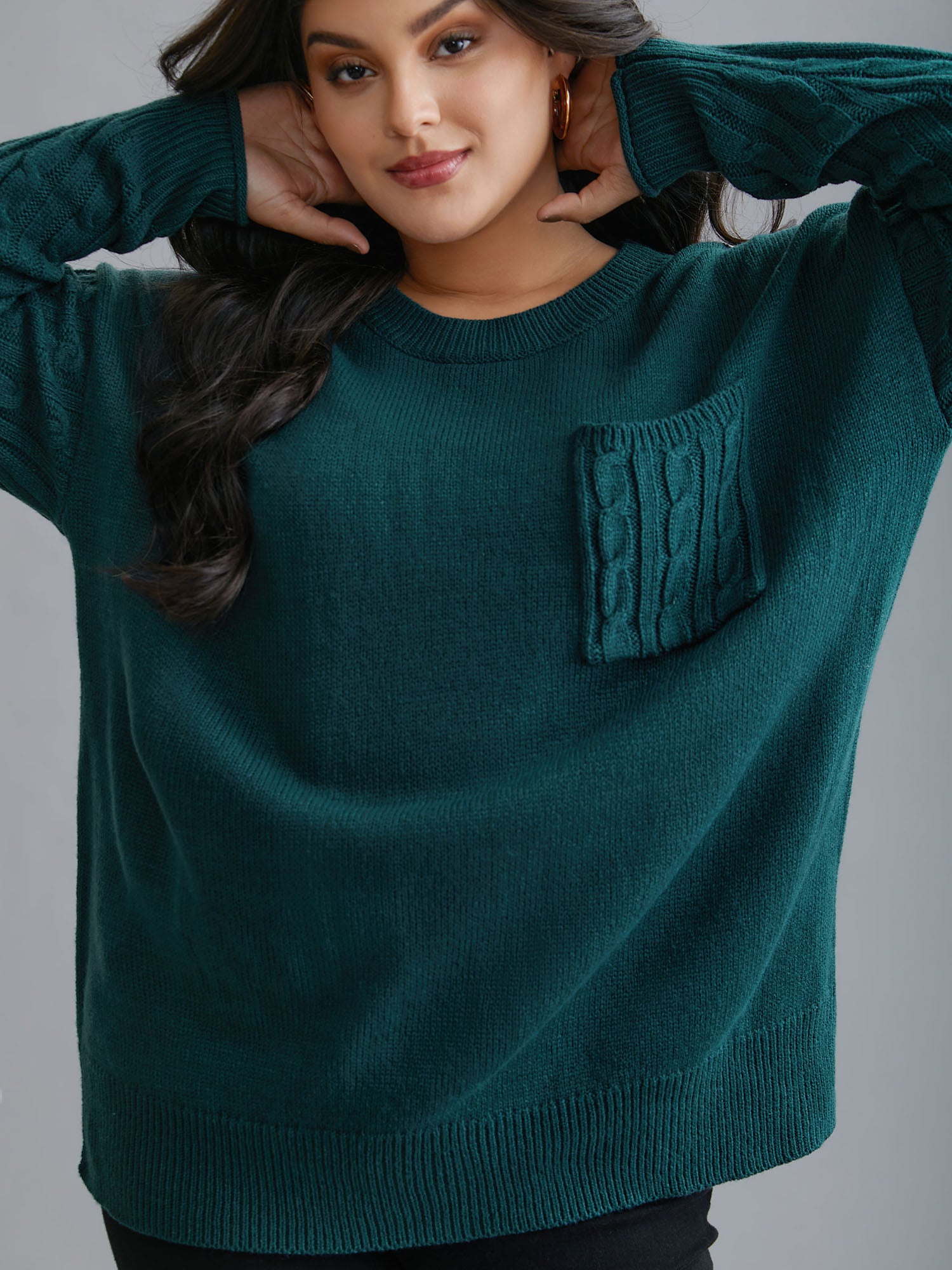 Cable Knit Sleeve Chest Pocket Pullover