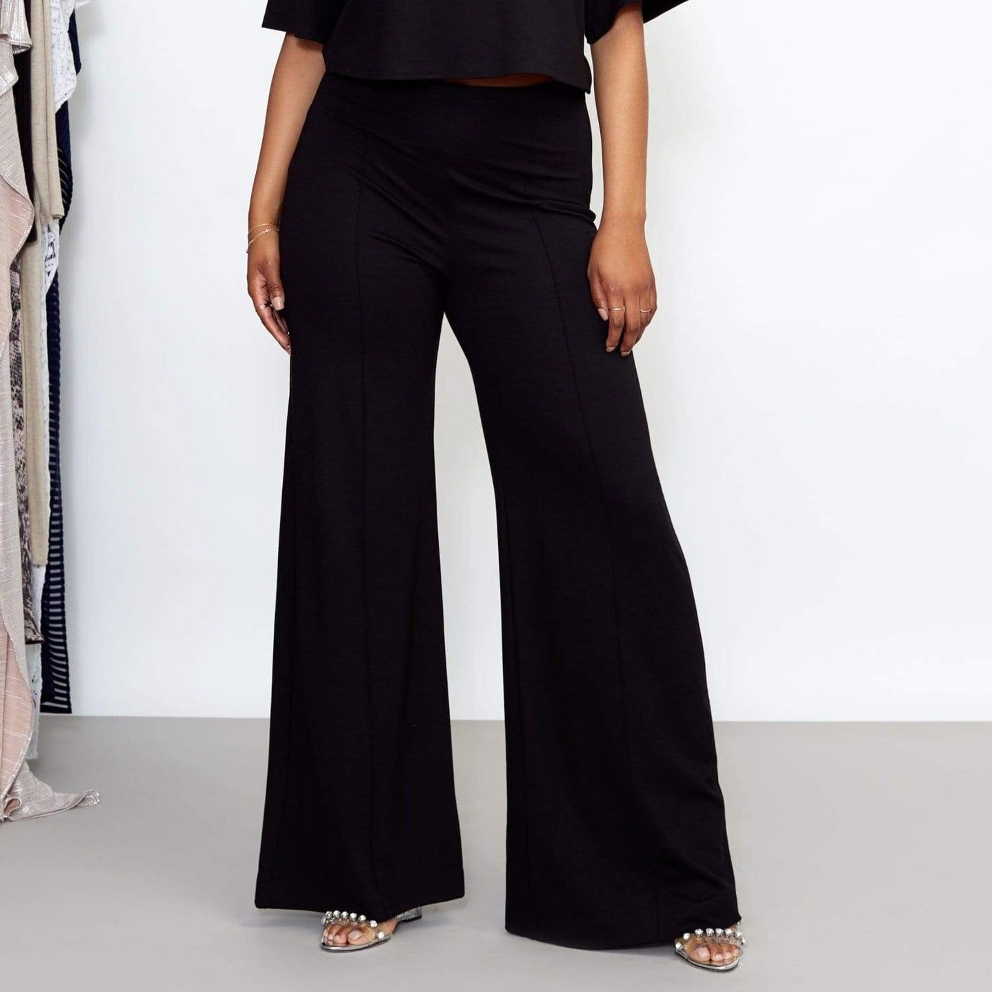 Black Ponte Knit Wide Leg Pant