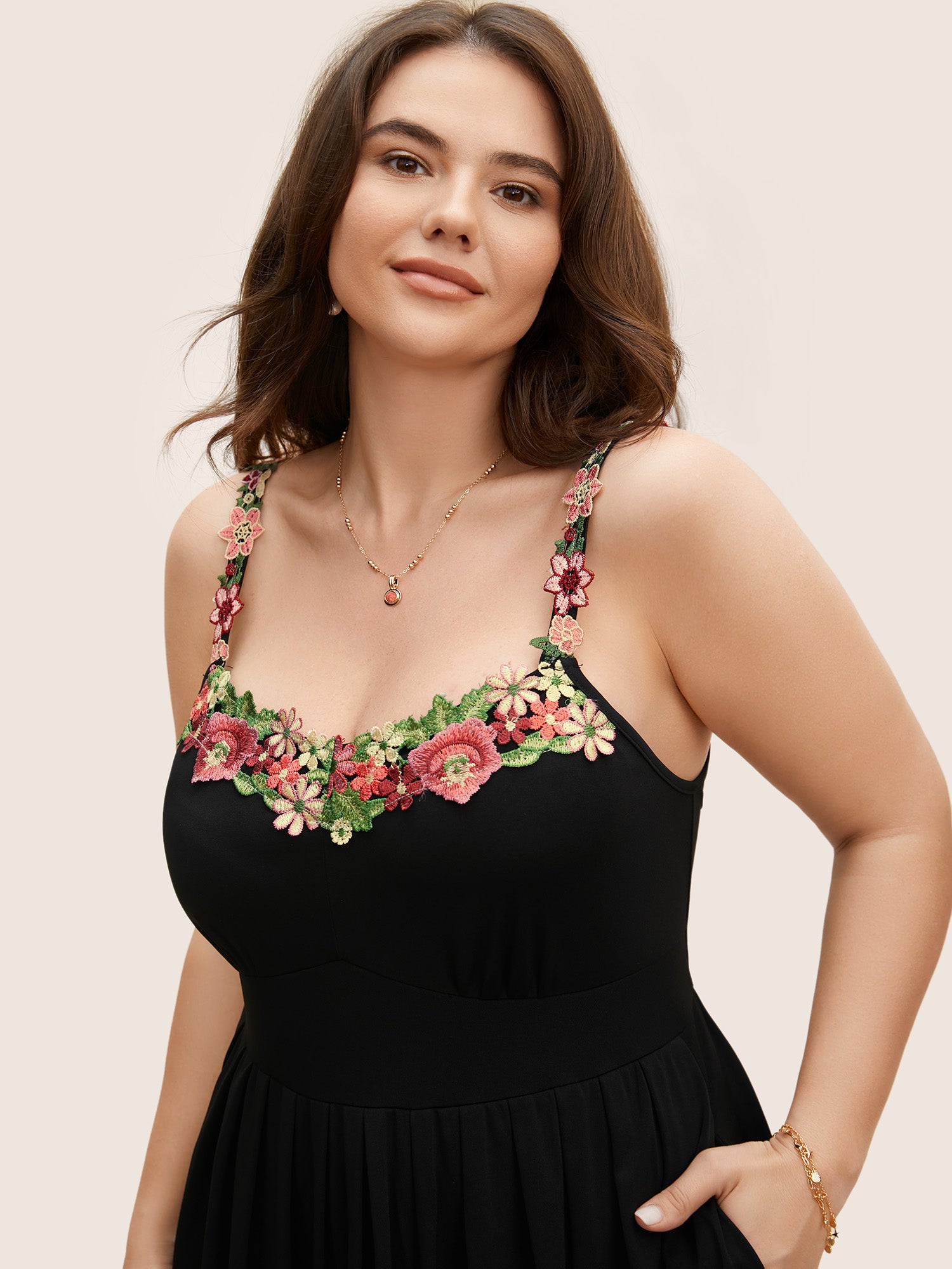 Floral Embroidered Pocket Midi Cami Dress
