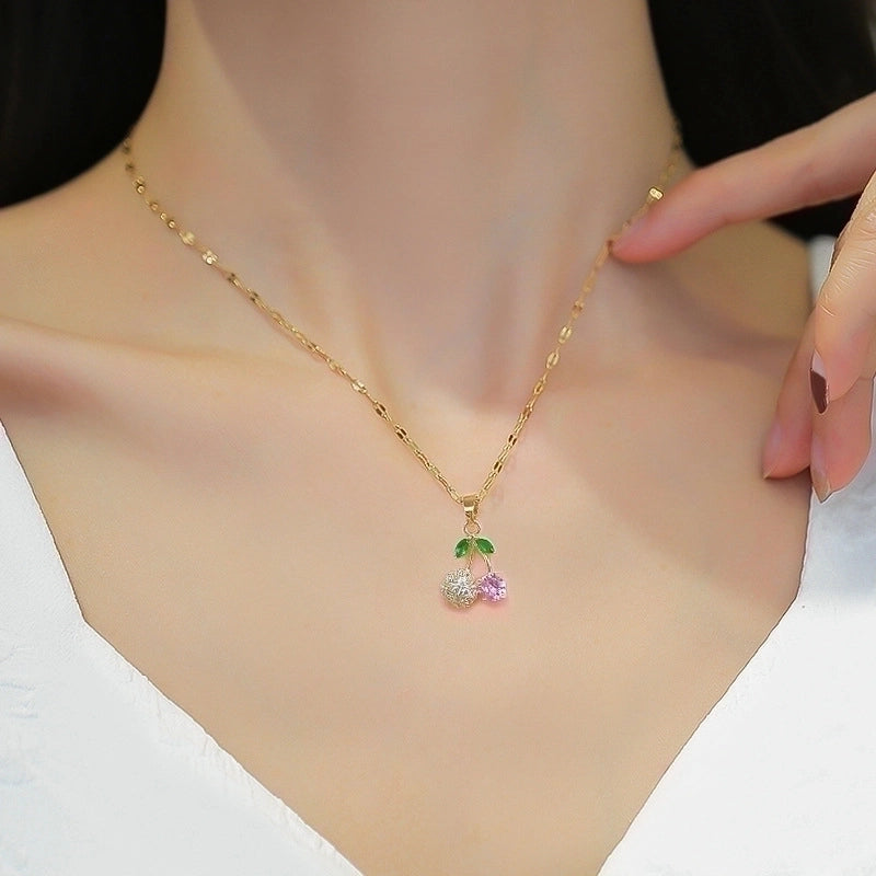 2 Pieces Fashion Heart Shape Butterfly Titanium Steel Copper Inlay Artificial Diamond Pendant Necklace