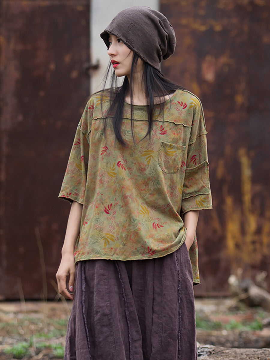 Women Summer Retro Floral Pocket Stitching Hemming Shirt