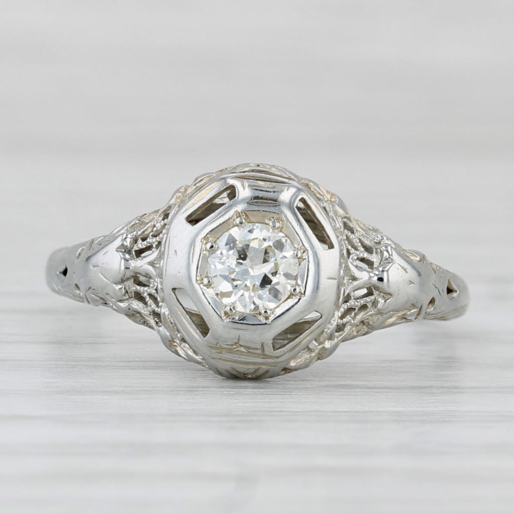 Art Deco 0.19ct Diamond Solitaire Engagement Ring 18k White Gold Size 6