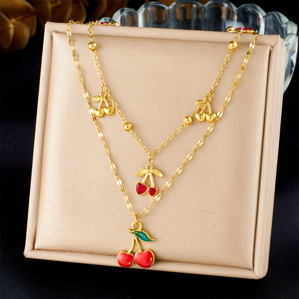 Fashion Cartoon Fruit Series Three-Dimensional Design Red Oil Drop Strawberry Cherry Apple Pendant Necklace