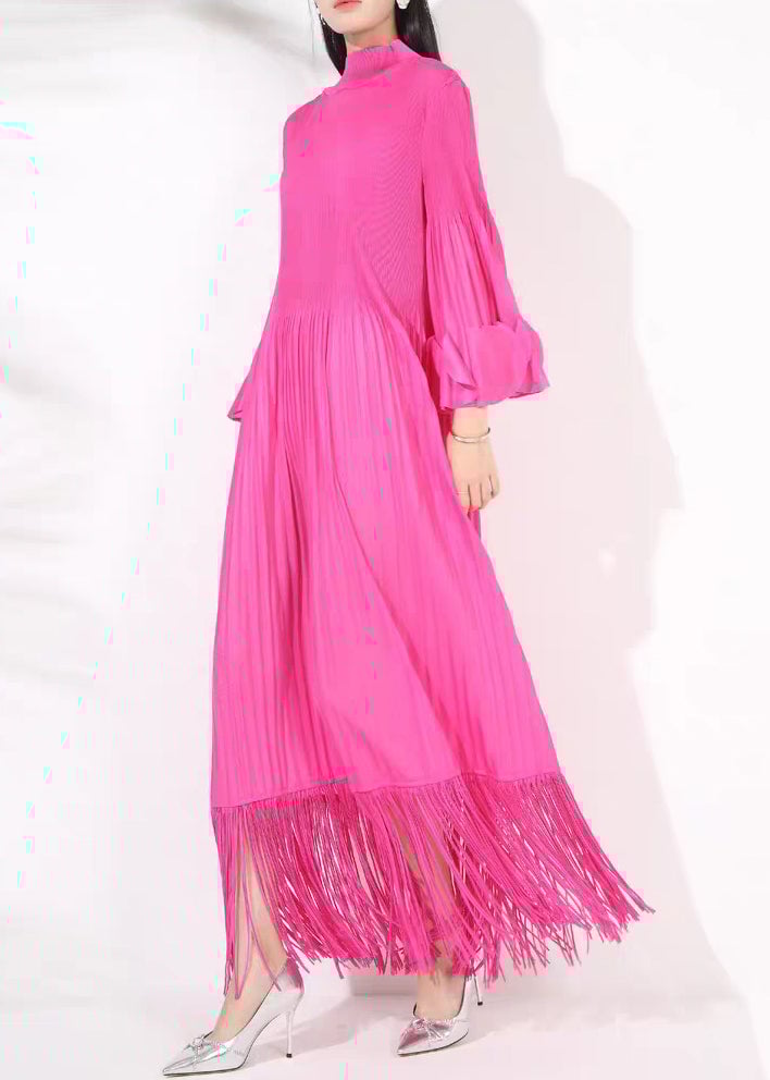 French Rose Turtleneck Wrinkled Tasseled Cotton Long DressesFall