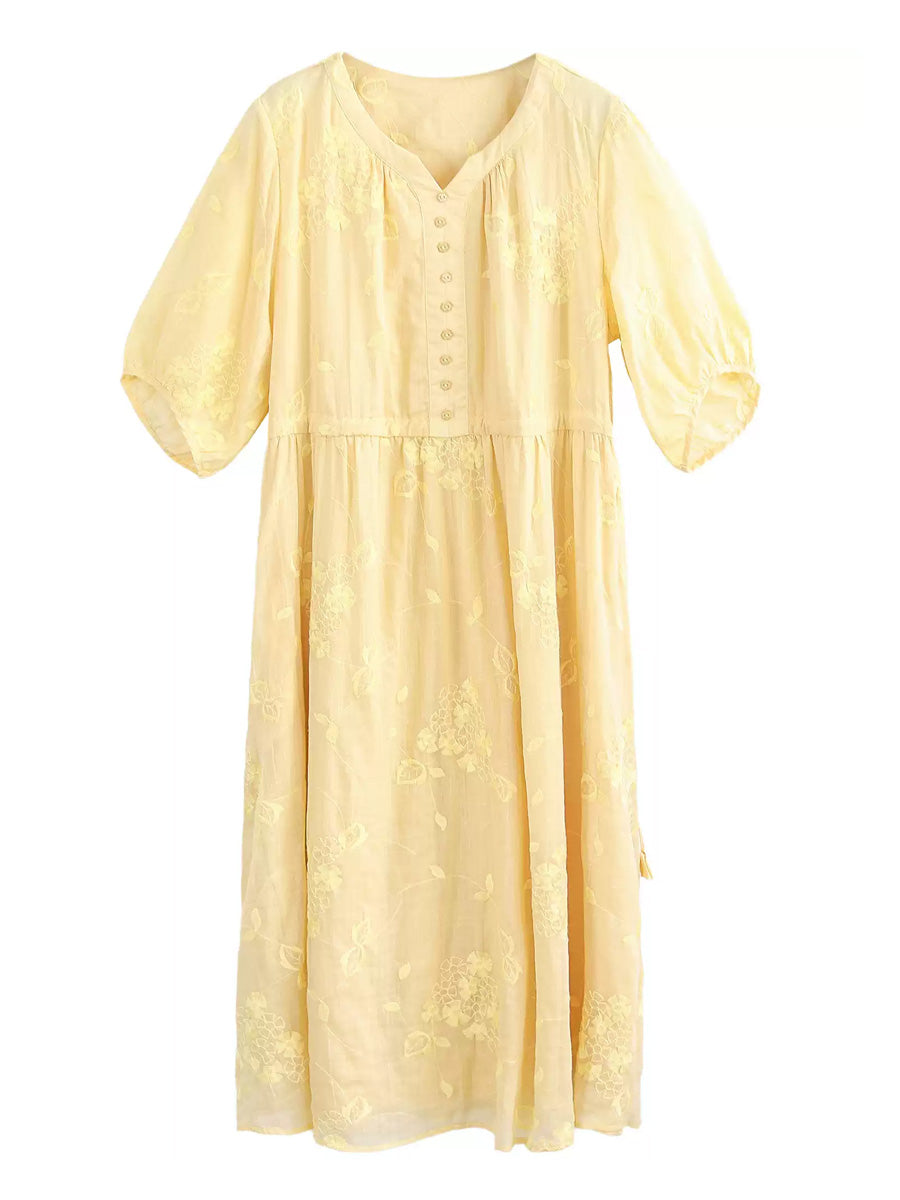 Women Summer Artsy Embroidery V-Neck 100%Ramie Dress