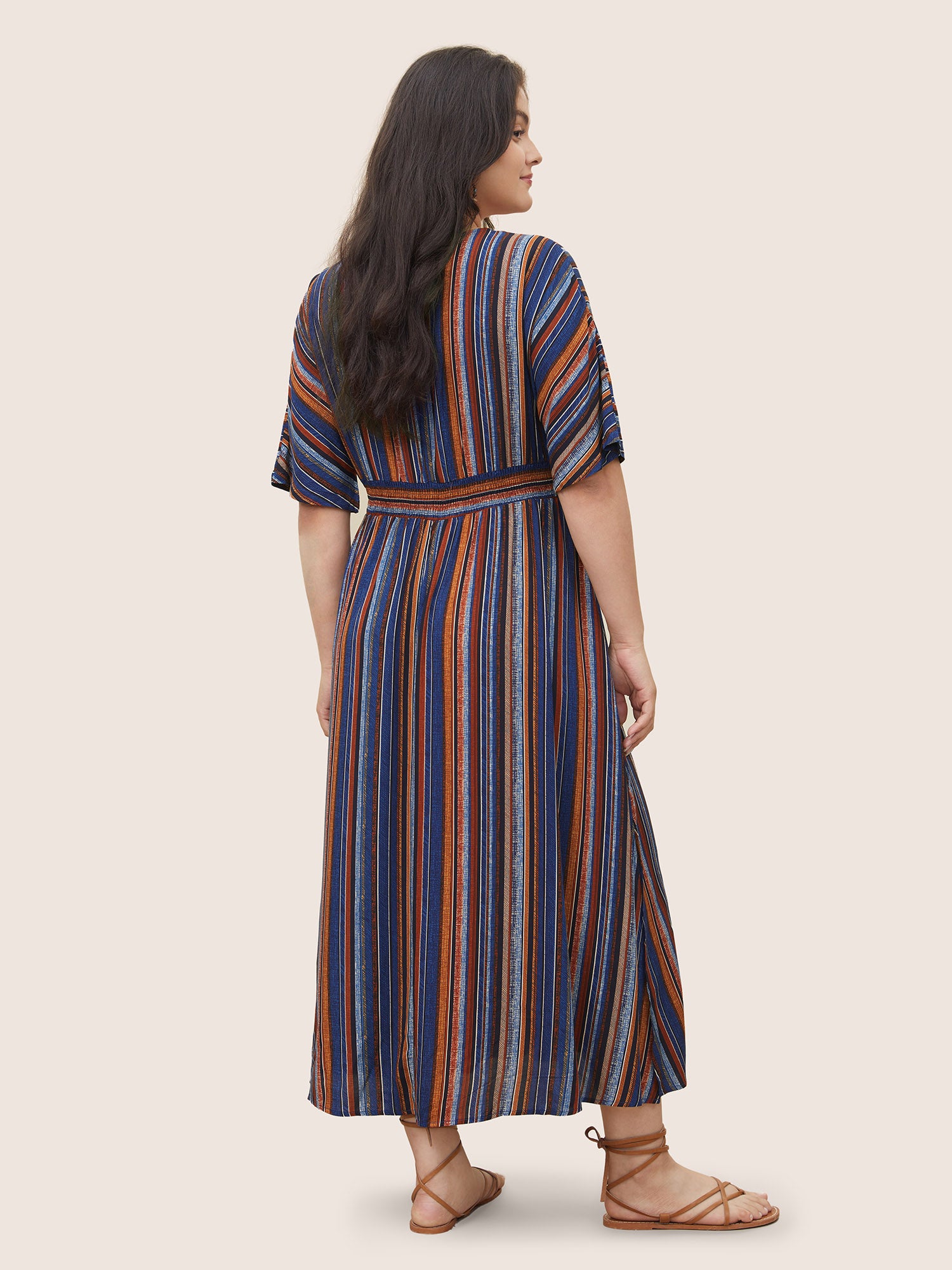 Striped Contrast Dolman Sleeve Shirred Pocket Split Flutter Dress