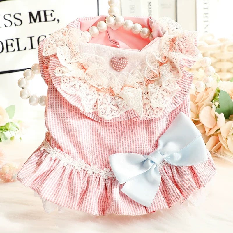 Sweet Lace Collar Striped Bow Dog Cat Dress