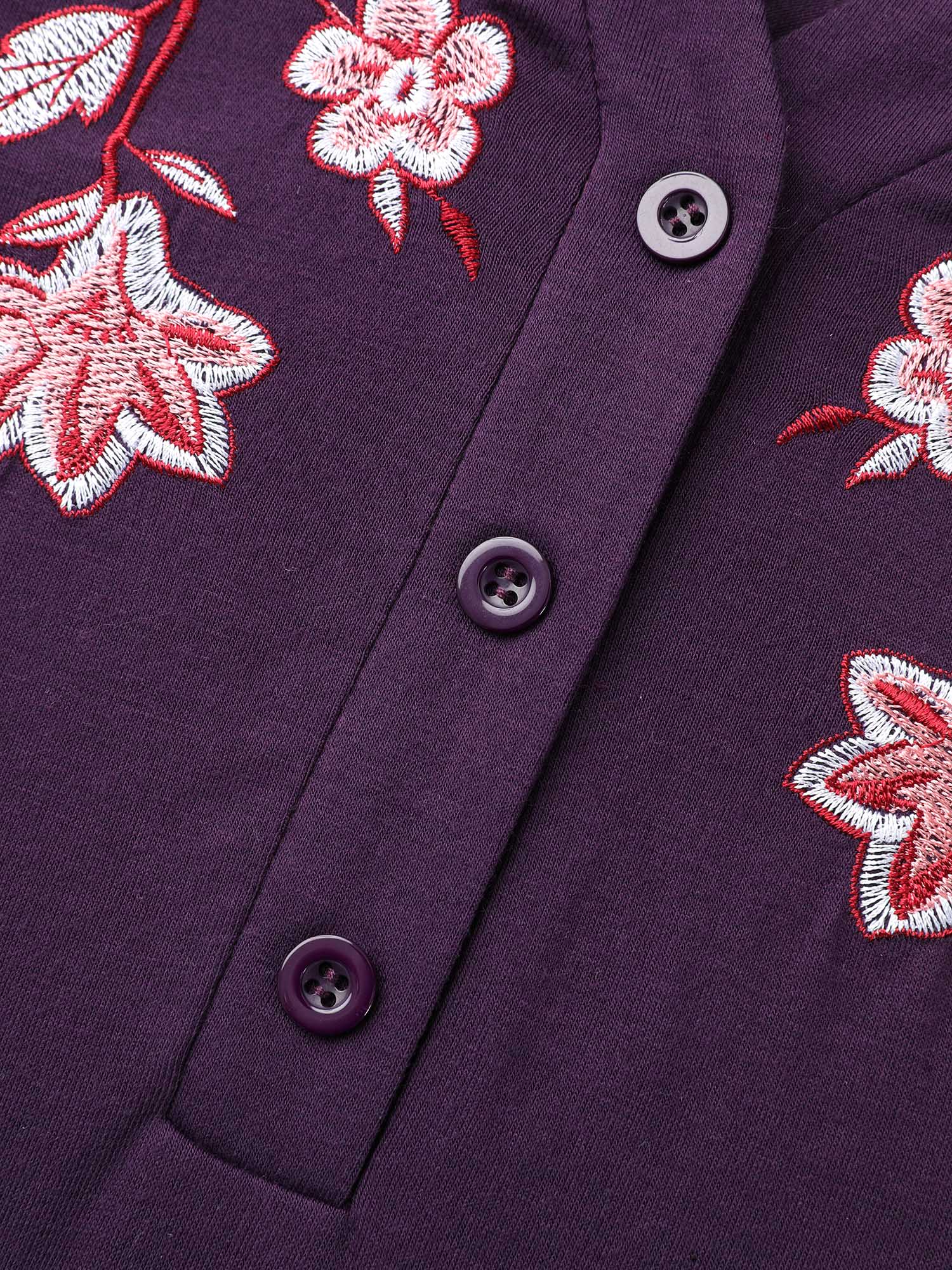 Notched Floral Embroidered  Button Top