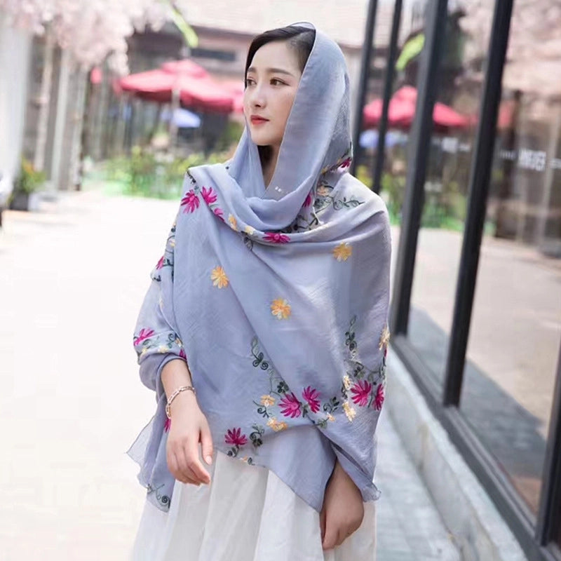 Women's Classic Style Flower Cotton And Linen Embroidery Scarf