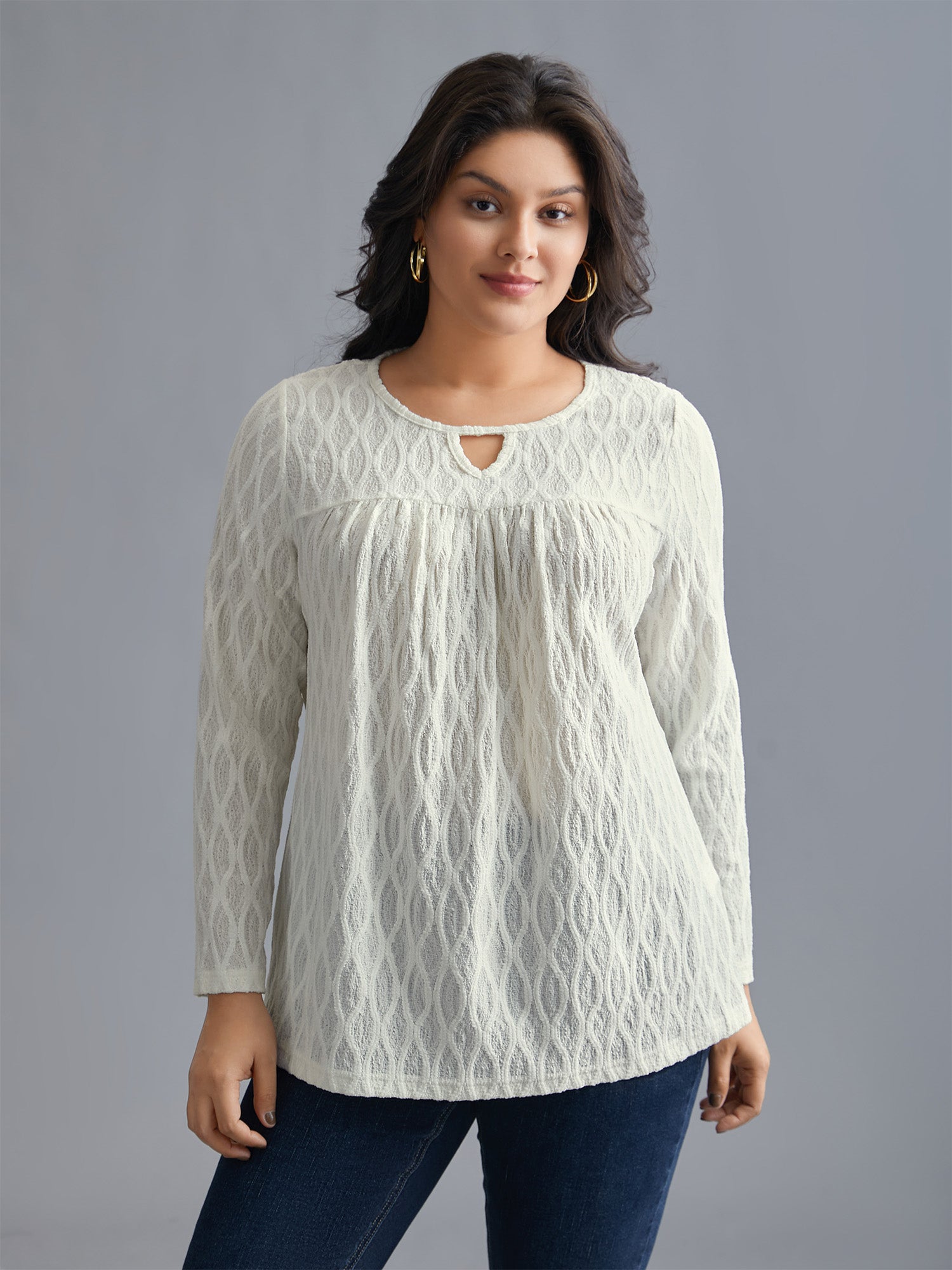Textured Keyhole Gathered Knit Top