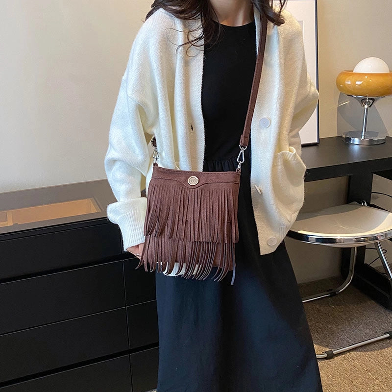 Women's Deerskin Velvet Solid Color Classic Style Tassel Square Zipper Crossbody Bag