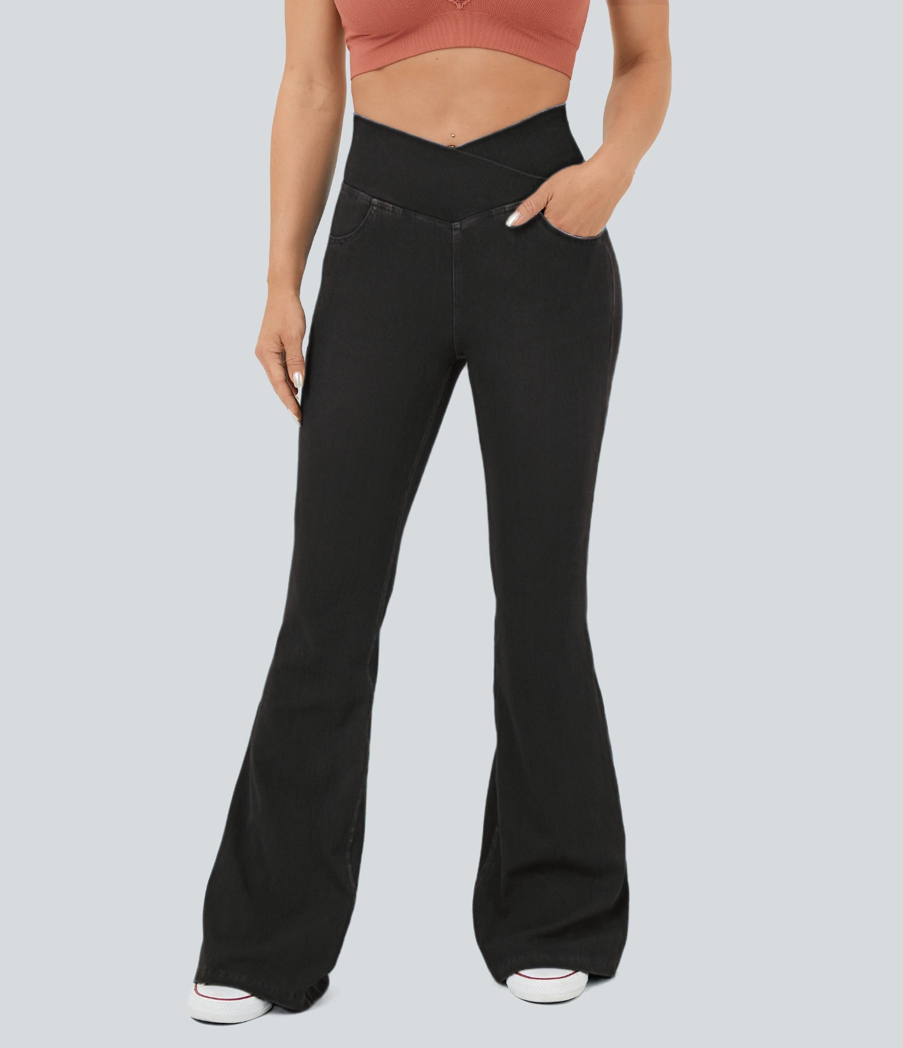 ⚡8 Packs for $25.95⚡- High Waisted Crossover Pocket Washed Stretchy Knit Casual Super Flare Jeans