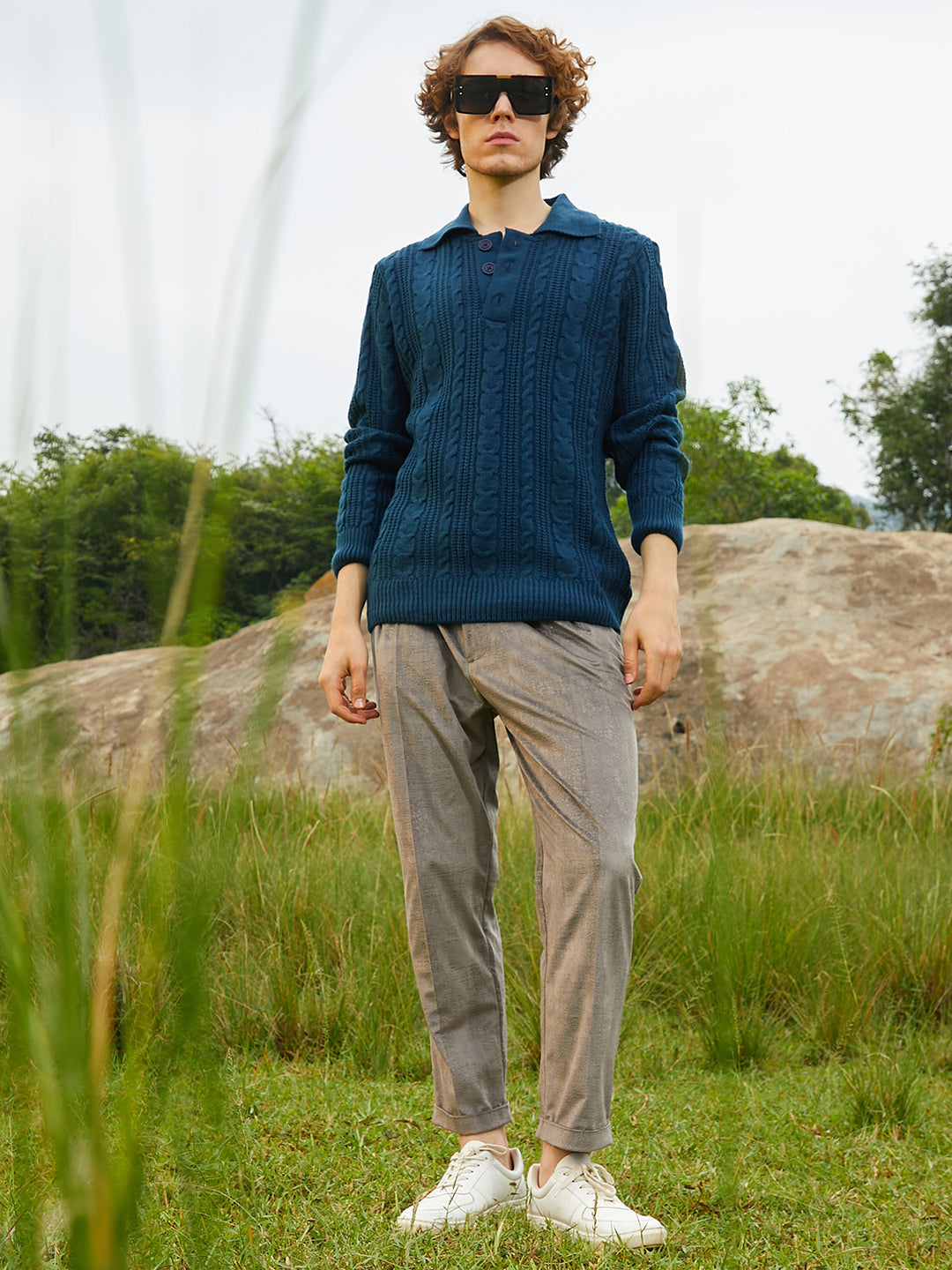 Braid-Knit Collared Sweater