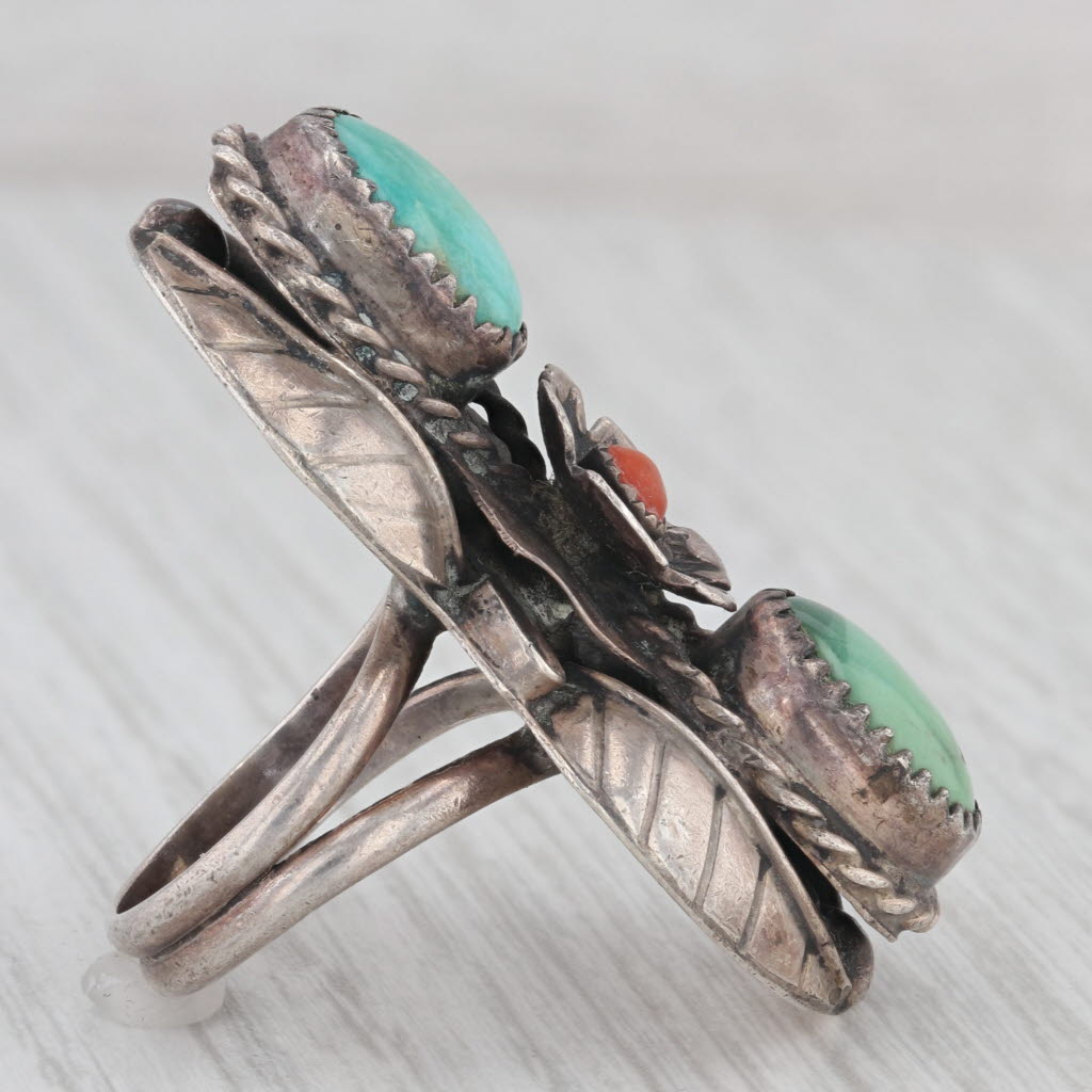 Vintage Native American Turquoise Coral Ring Sterling Silver Sz 8.5 Floral AS IS