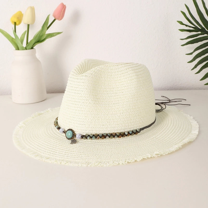Women's Casual Vacation Beach Solid Color Beaded Big Eaves Straw Hat