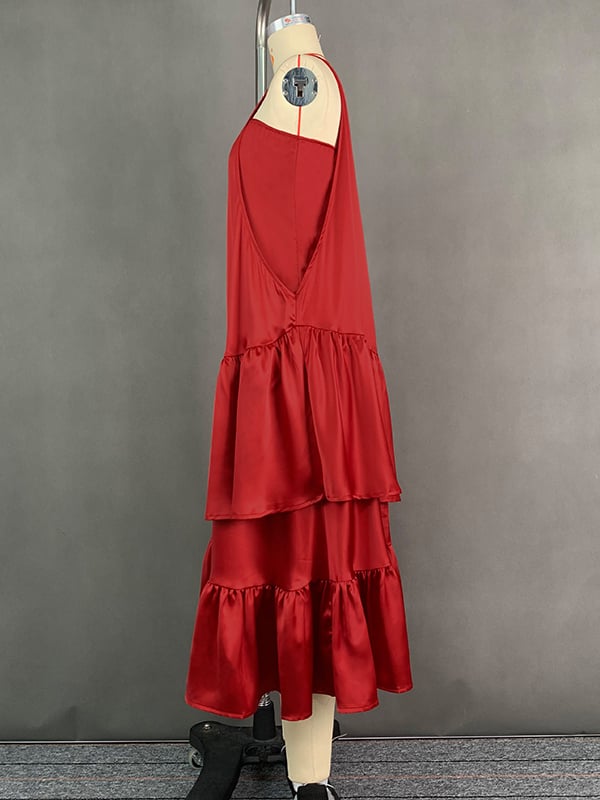A-Line Loose Double Layered Pleated Solid Color Split-Joint Zipper Cold Shoulder Midi Dresses