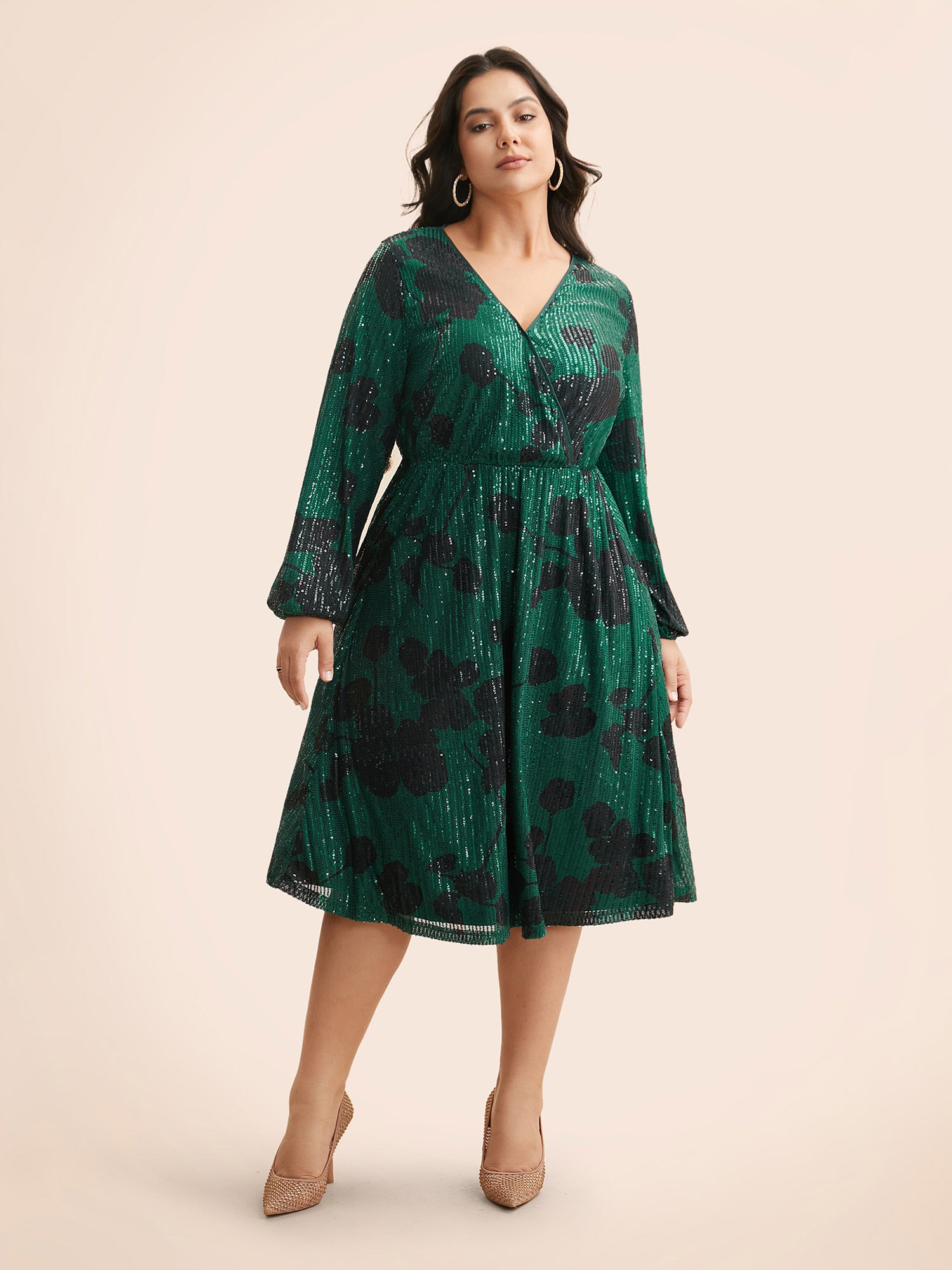 Sequin Floral Lantern Sleeve Midi Dress