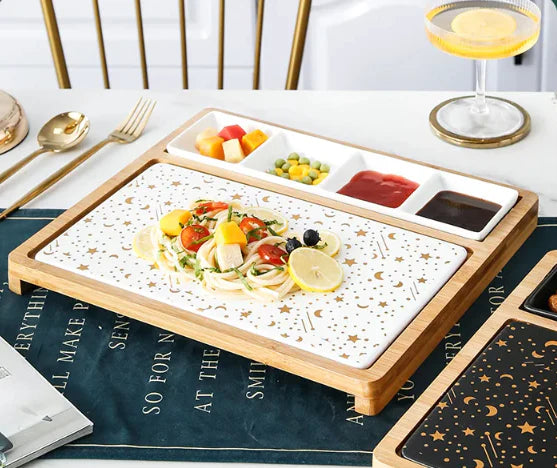 Marble Style Steak Plate With Bamboo Base