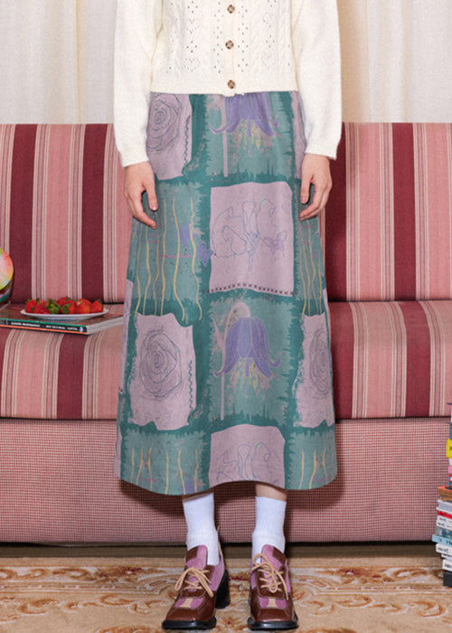 Slim Fit Blue Print High Waist Cotton Skirt Spring