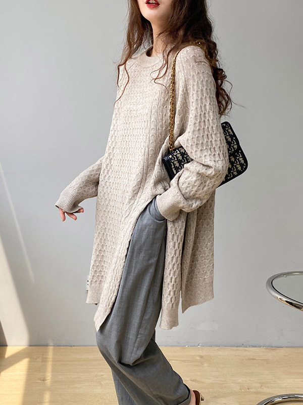 Original Irregular 5 Colors Split-Side Round-Neck Long Sleeves Sweater Top
