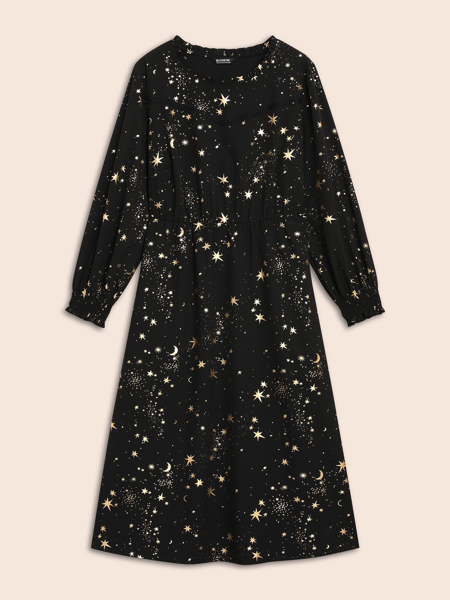 Star Printed Lace Neckline Midi Dress