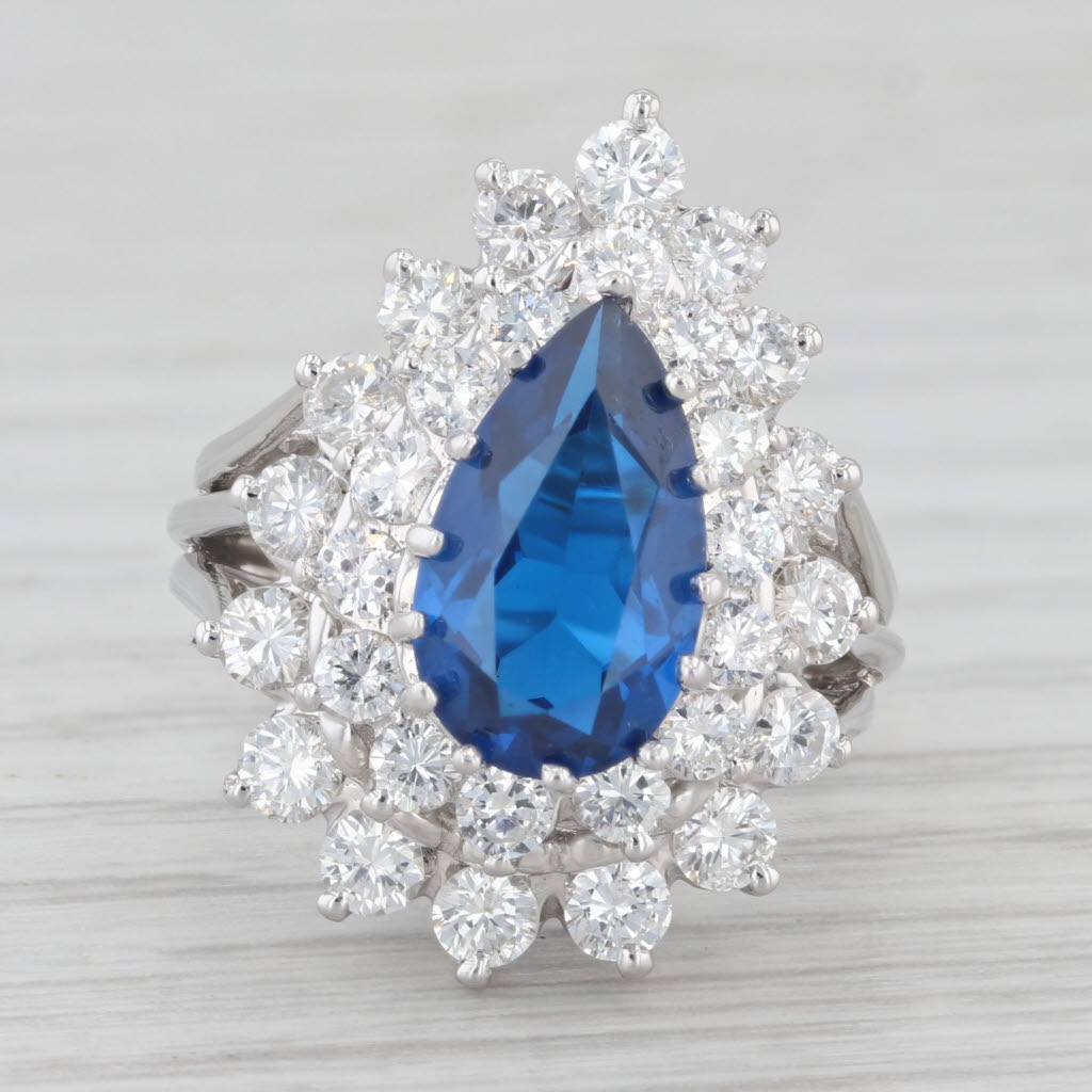 4.04ctw Diamond Lab Created Spinel Pear 14K White Gold Cocktail Ring Sz 5.75