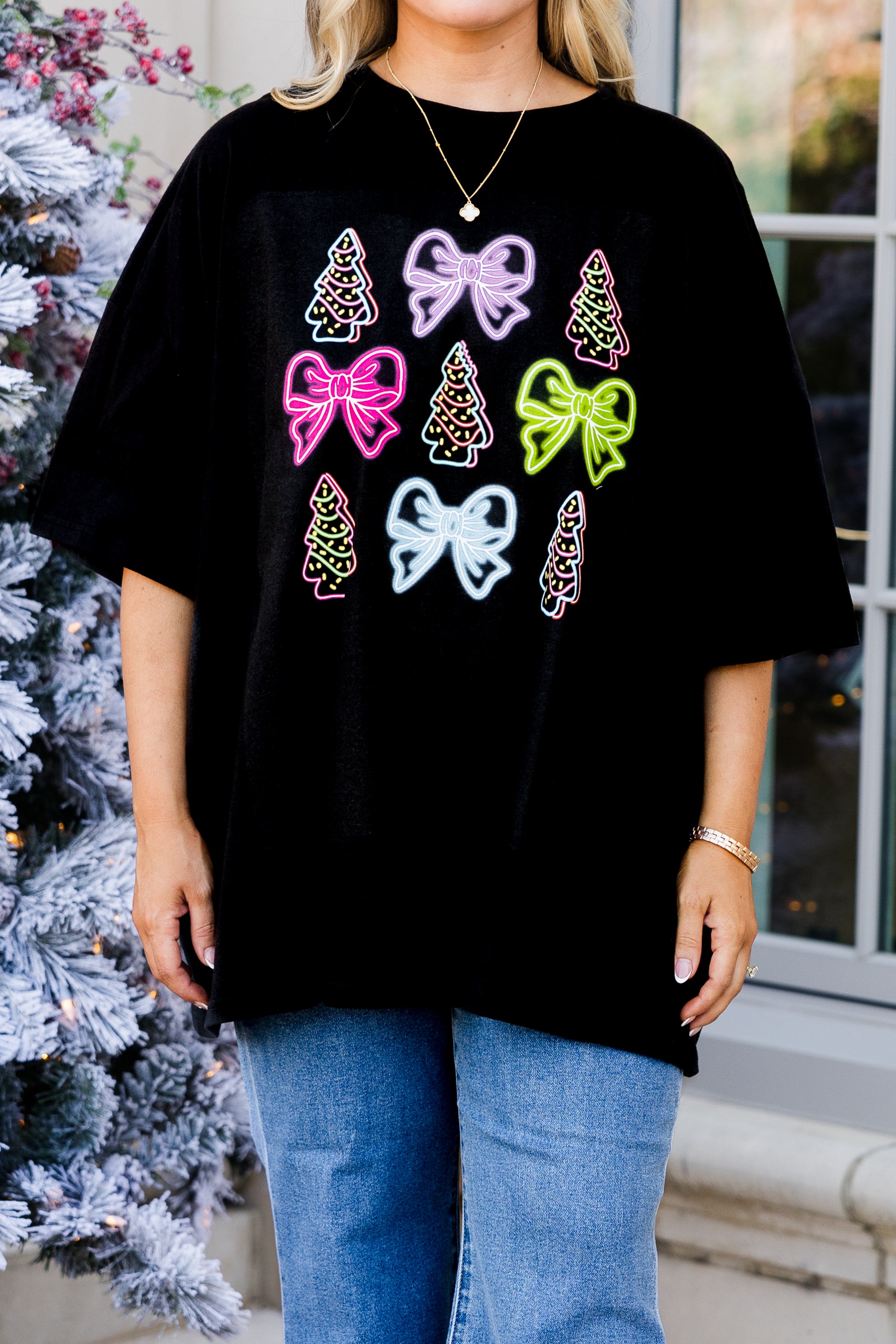 Merry Glow-mas Boyfriend Tee. Black