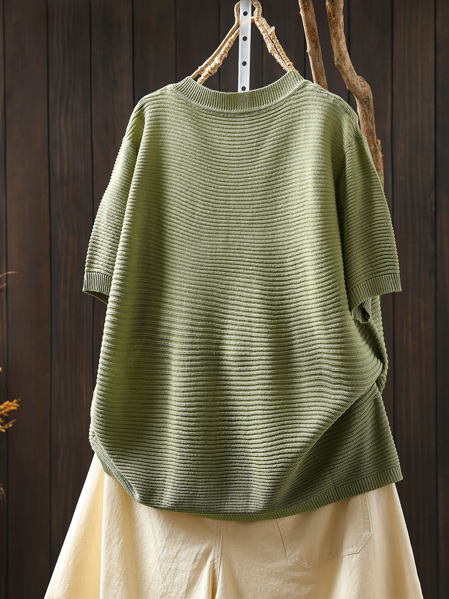Women Summer Casual Linen Knitted V-Neck Shirt