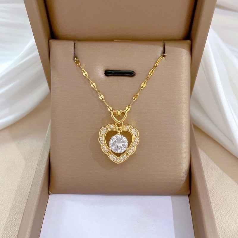 2 Pieces Minimalist Classic Style Geometric Heart Shape Titanium Steel Copper Zircon Pendant Necklace In Bulk