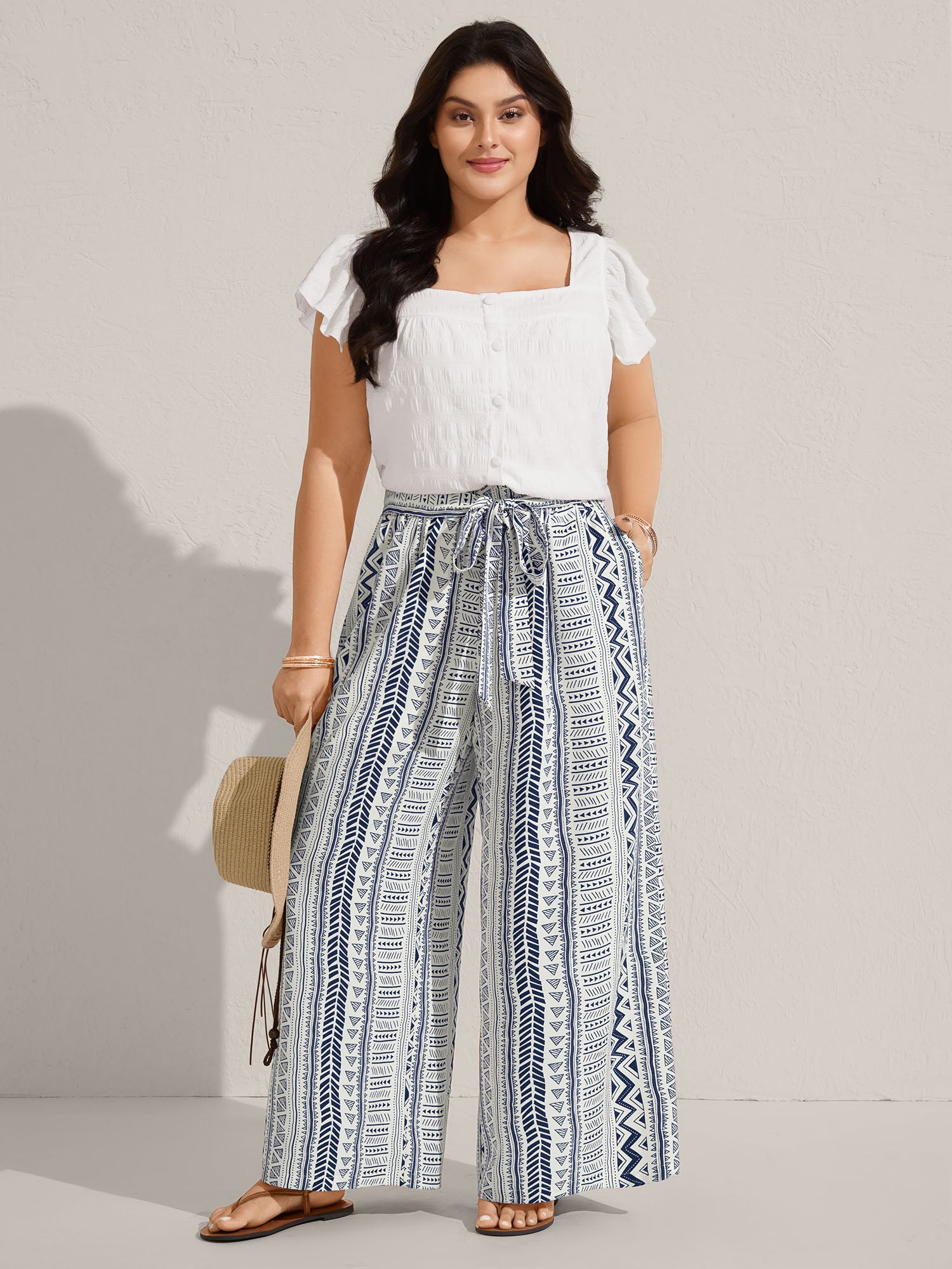 Waist-Tie Wide-Leg Boho Print Pants