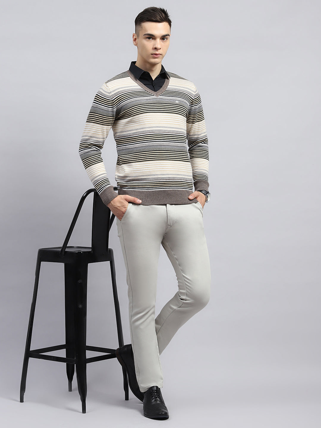 Men Beige Stripe V Neck Full Sleeve Pullover