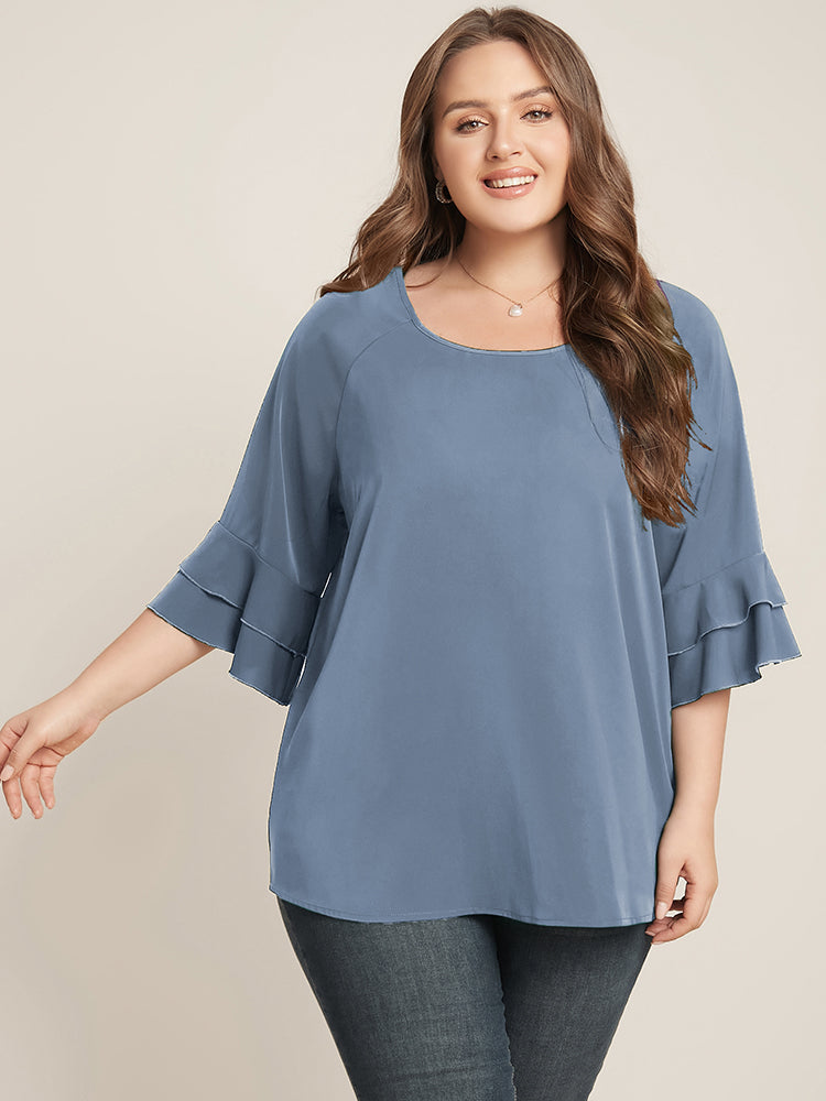 Plain Ruffle Tiered Round Neck Blouse