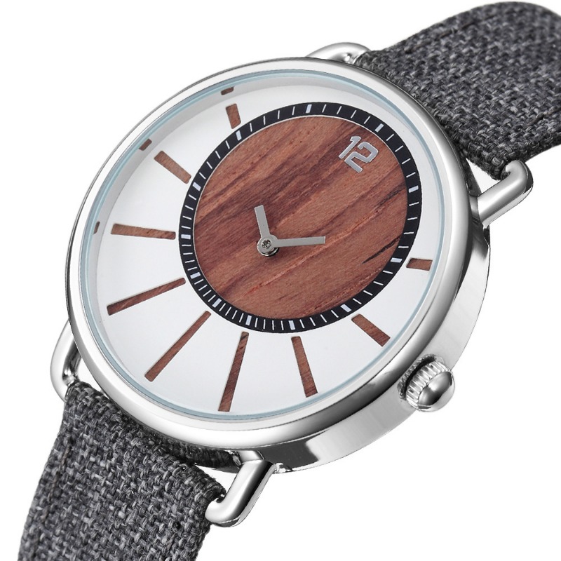 Classic Men's Quartz Watch Vintage Denim Strap Wooden Watch
