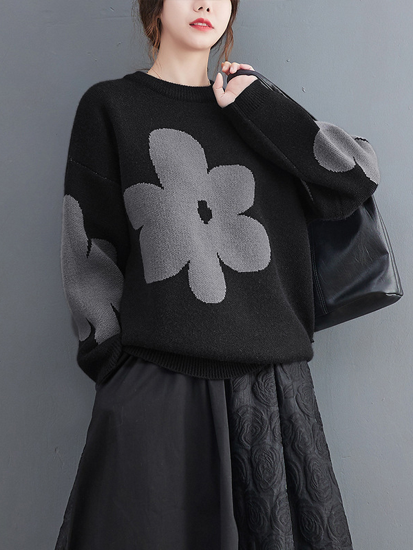 Casual Loose Long Sleeves Contrast Color Jacquard Round-Neck Sweater Tops