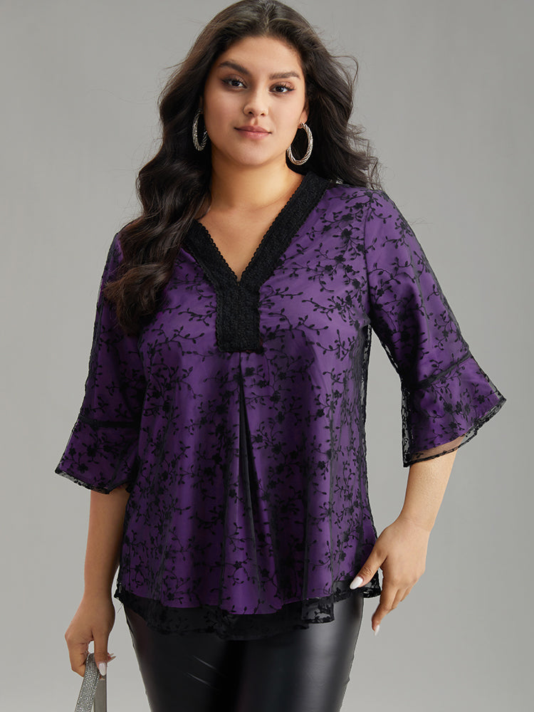 Crochet Lace Mesh Bell Sleeve Blouse
