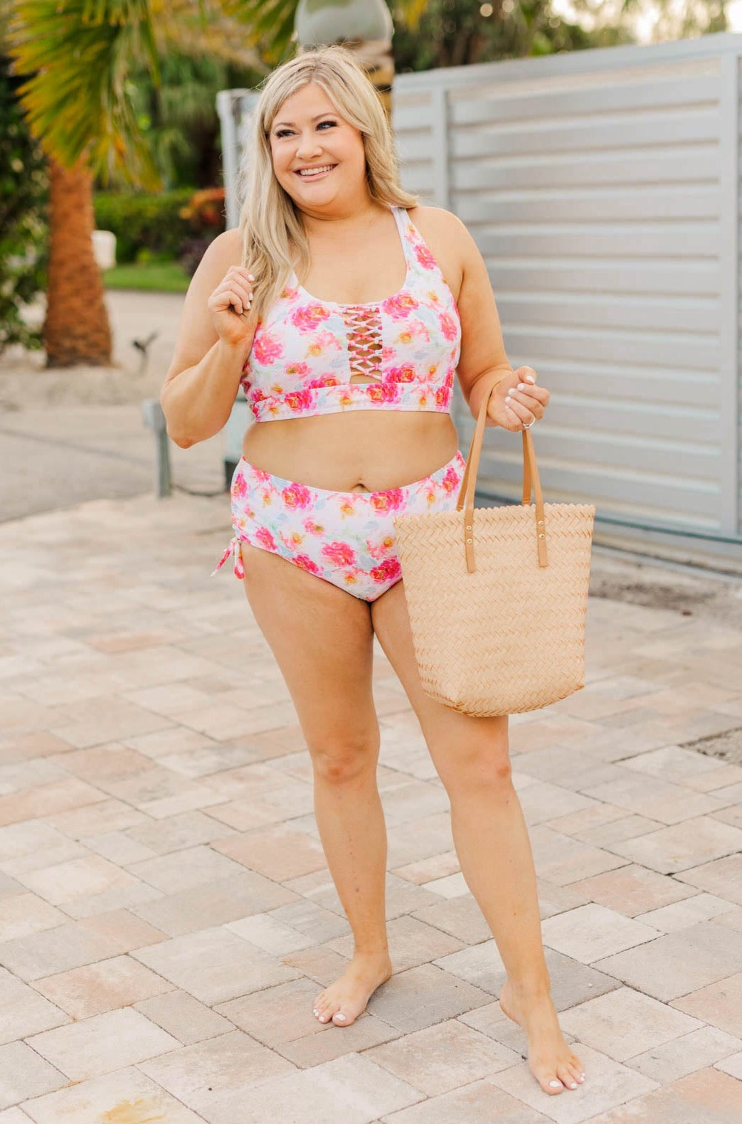 Cool By The Pool Ruched Swim Bottoms- Ivory & Pink Floral