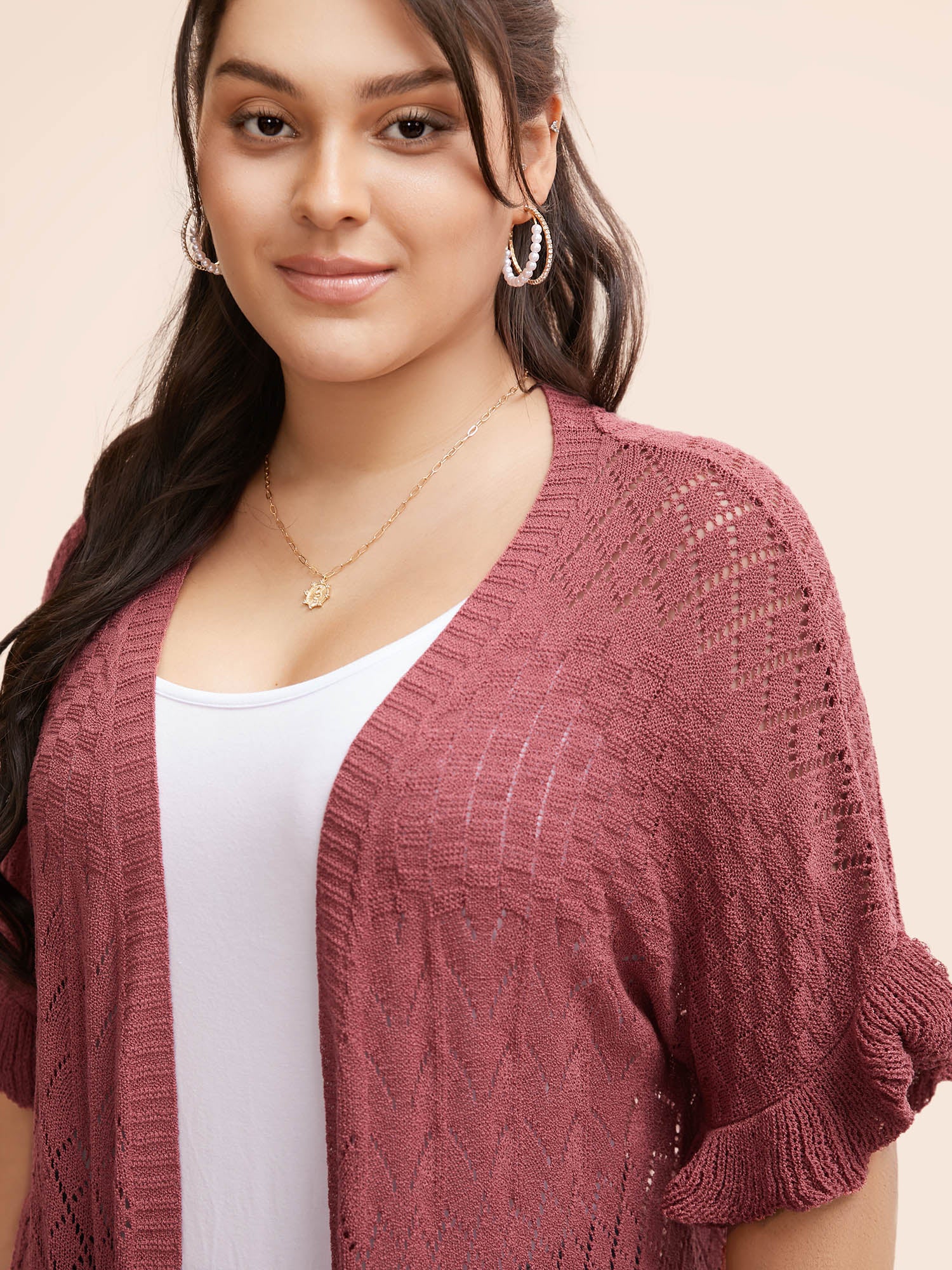 Plain Ruffles Pointelle Knit Cardigan