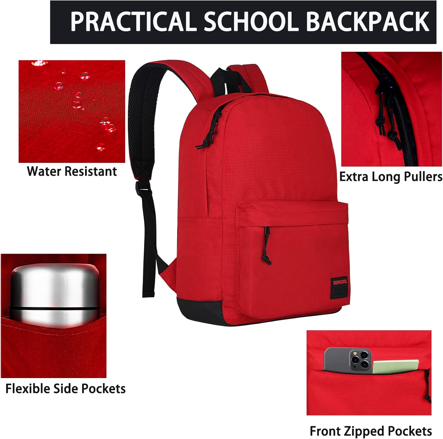 SUPACOOL Casual Laptop Backpack for Men and Women, School Backpack for Boys and Girls, College Bookbag, USB Charging Port, Lightweight Back Pack(Black)