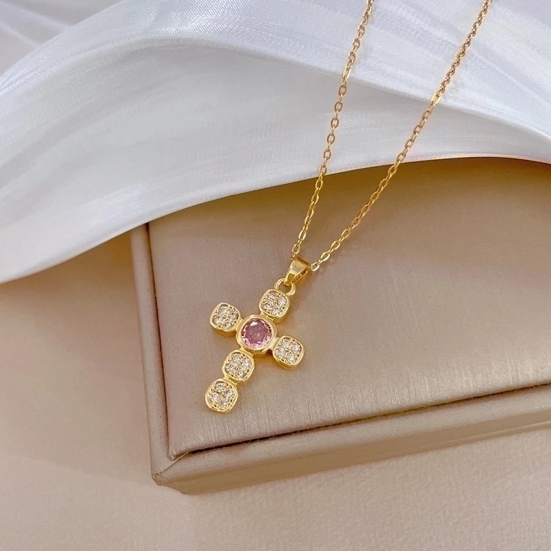 Titanium Steel Copper Exaggerated Plating Inlay Cross Artificial Gemstones Pendant Necklace