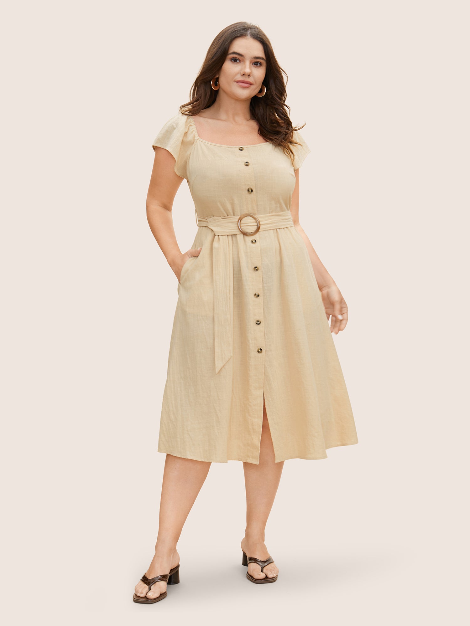 Cotton Solid Buckle Detail Ruffle Cap Sleeve Dress