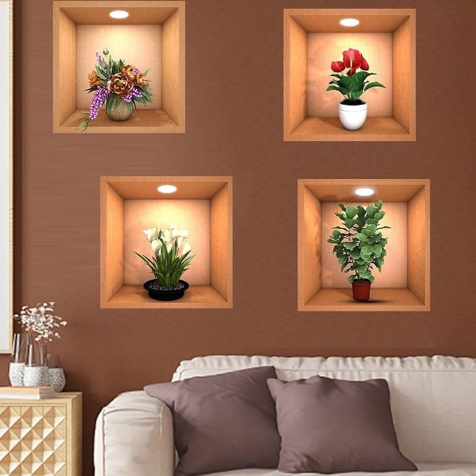 4 Pieces 3D Beautiful Decal Flower Pot Design Wall Sticker