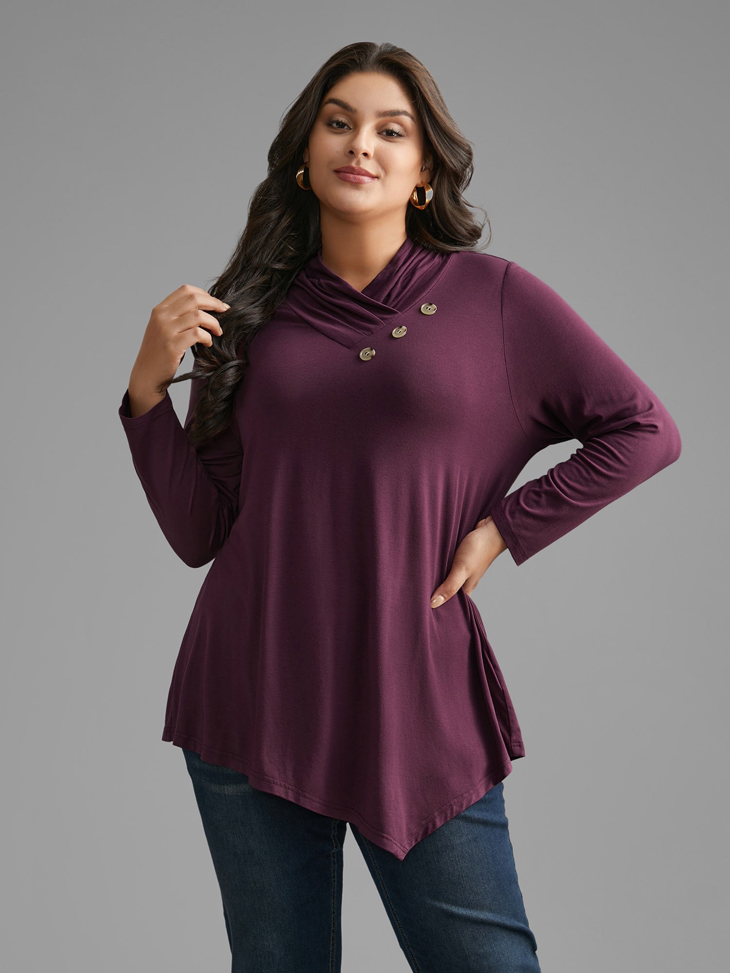 Solid Button Detail Asymmetrical Hem Jersey Top