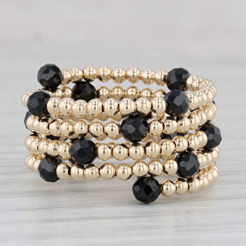 New Coiled Bead Black Glass Ring 14k Yellow Gold Adjustable Size 7