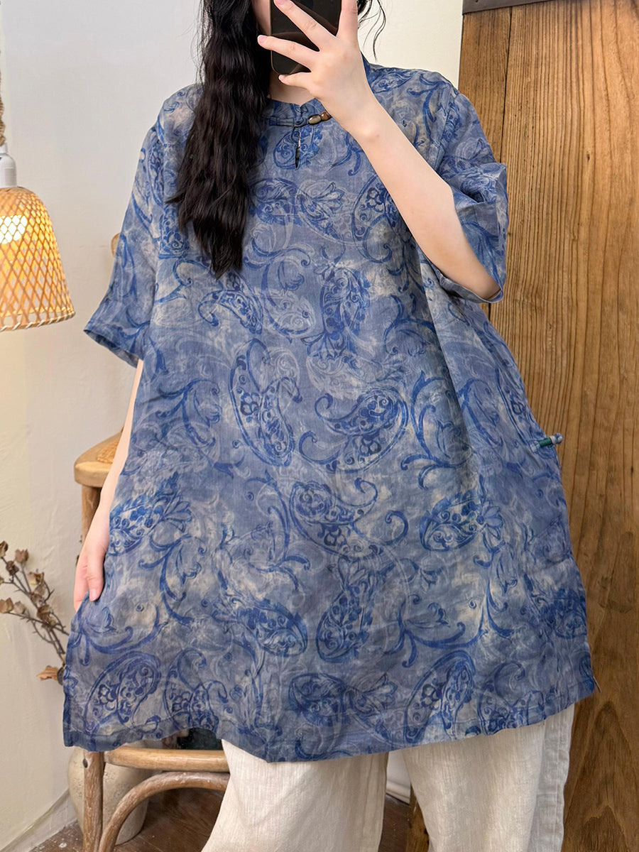 Women Summer Retro Flower Ramie Stand Collar Long Shirt