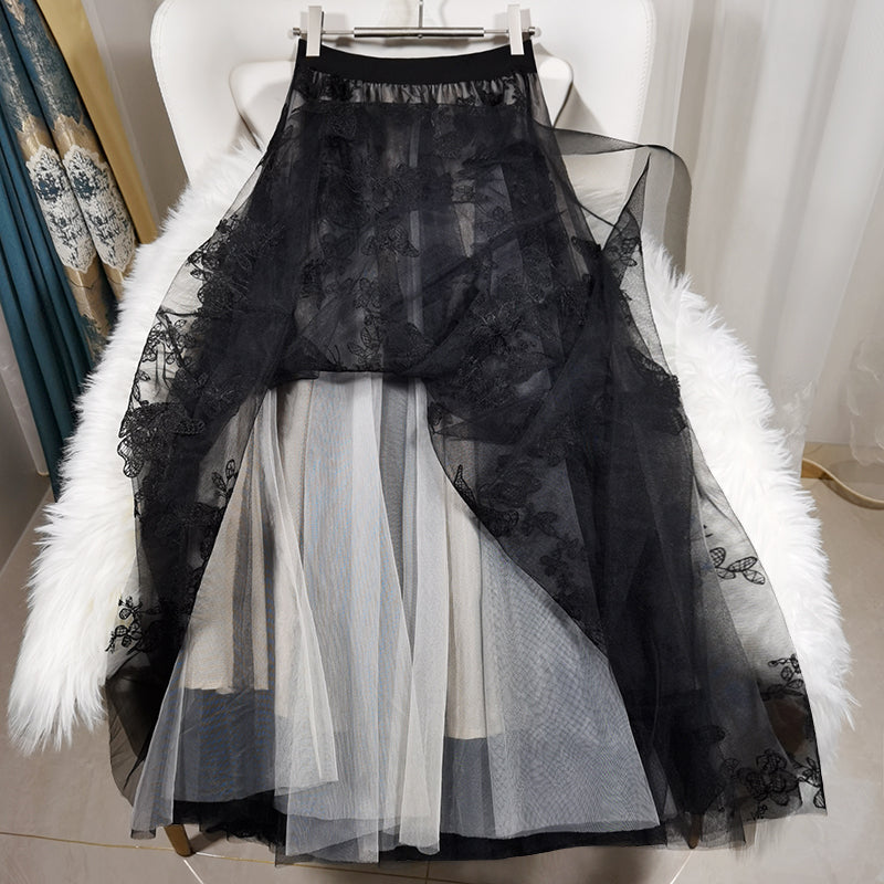 Elegant Black Embroideried Butterfly tulle High Waist Summer Skirts